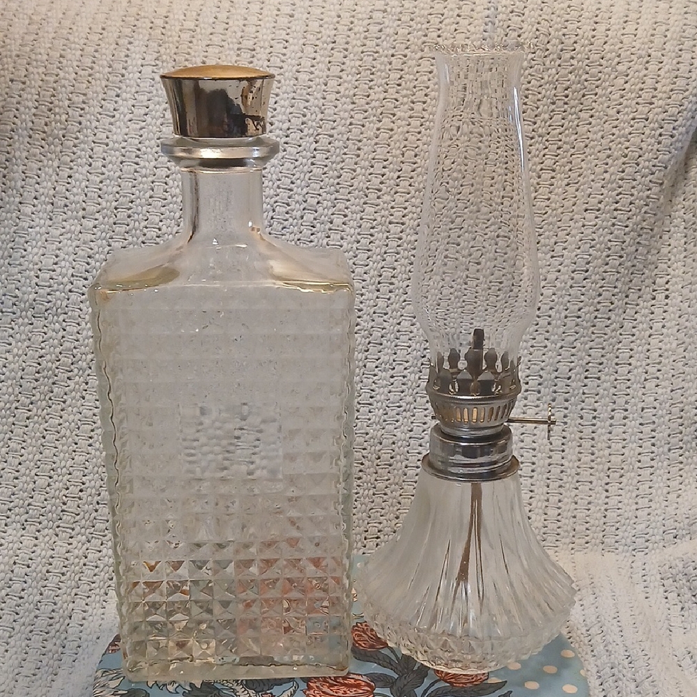 Elegant Silver and Clear Glass Lantern & Cut Glass Bottle. Both Vintage Or Older